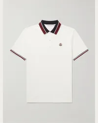 Moncler Polo in cotone piqué con righe e logo applicato Bianco