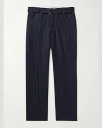 Officine Generale Pantaloni gessati a gamba dritta in twill di lana con cintura Hoche Blu