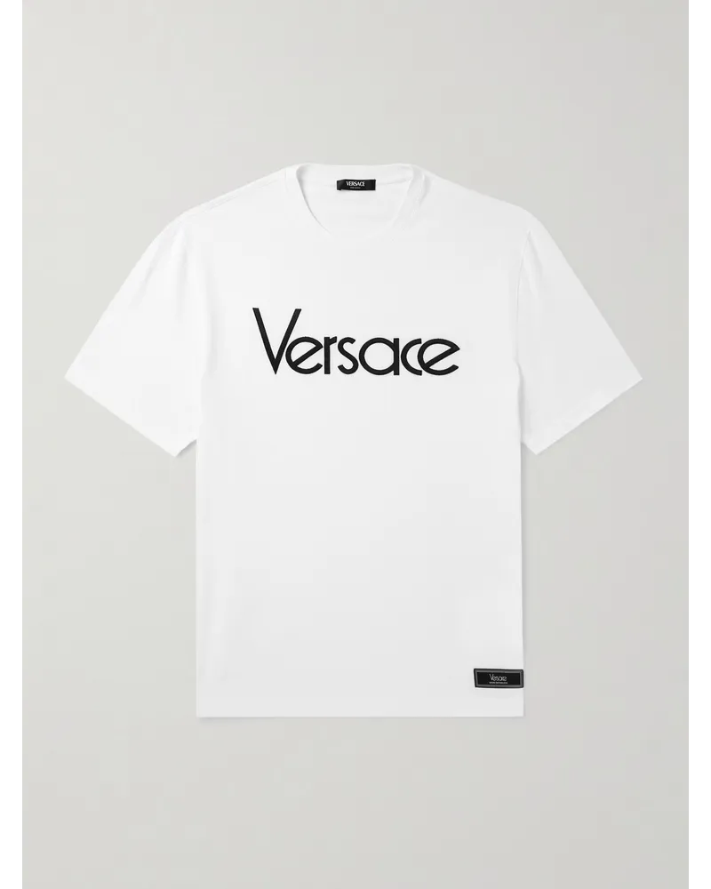 Versace T-shirt in jersey di cotone con logo ricamato Bianco