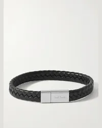 Paul Smith Bracciale in pelle intrecciata e metallo argentato con logo inciso Nero