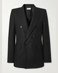 Saint Laurent Blazer doppiopetto gessato in flanella di misto lana e cotone Nero