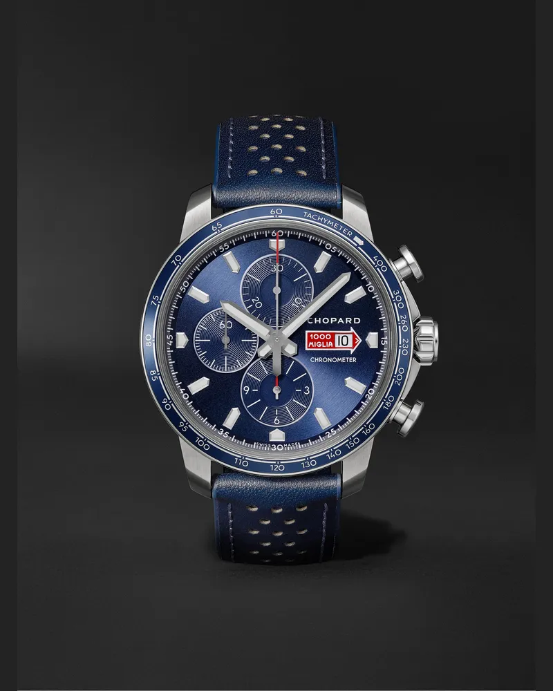 Cronografo automatico 44 mm in acciaio inossidabile con cinturino in pelle Mille Miglia GTS Azzurro Chrono Limited Edition, N. rif. 168571-3007