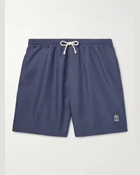 Brunello Cucinelli Shorts da mare medi a gamba dritta con logo ricamato Blu