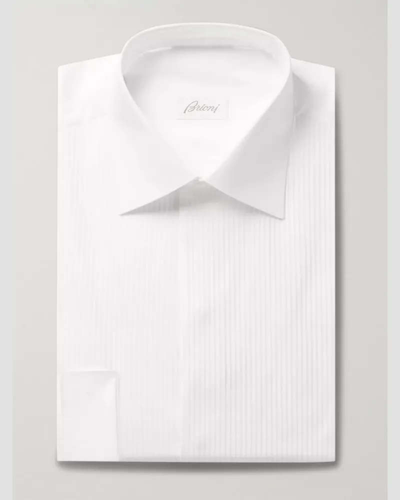 Brioni Camicia bianca slim-fit in voile di cotone con pettorina e doppio polsino Bianco