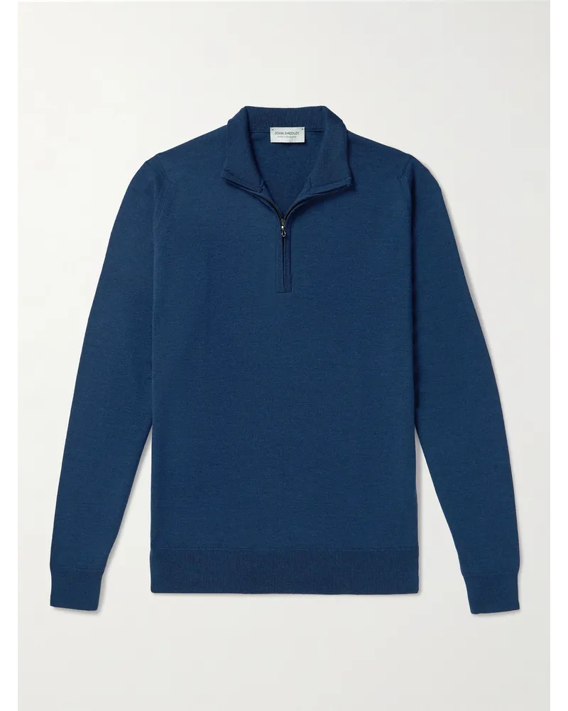 John Smedley Pullover in lana merino con mezza zip Tapton Blu