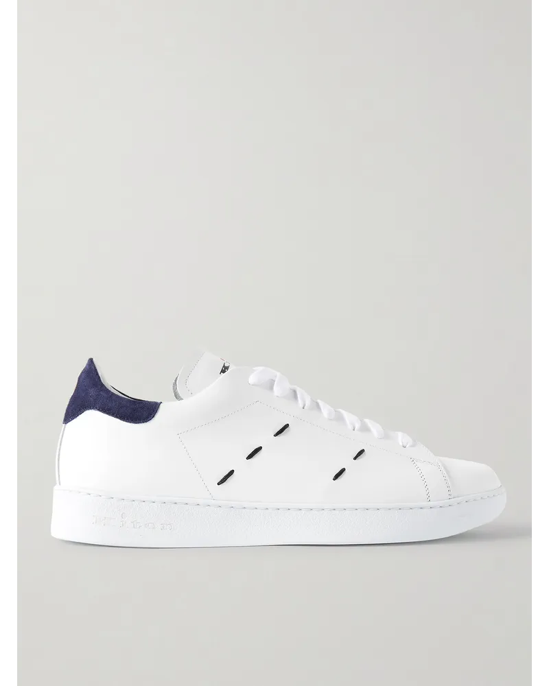 Kiton Sneakers in pelle con finiture in camoscio, ricami e logo Bianco