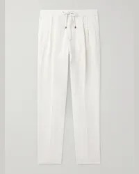 Brunello Cucinelli Pantaloni a gamba dritta in twill di lino con pinces e coulisse Bianco