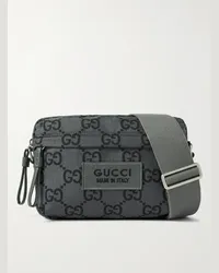 Gucci Borsa a tracolla in ripstop con monogramma, finiture in pelle e logo applicato Grigio