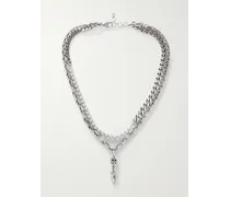Collana con catena in metallo argentato con perle sintetiche Skull