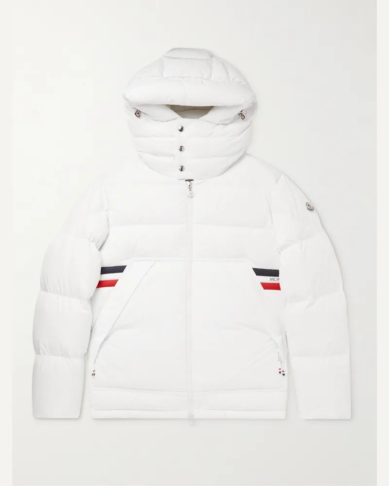 Moncler Fleole Logo-Print Striped Quilted Shell Hooded Down Jacket Neutri