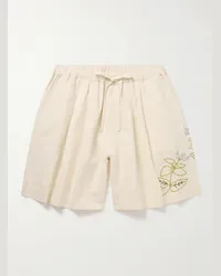 STORY mfg. Shorts a gamba larga in misto cotone e lino con ricamo e coulisse Bridge Neutri