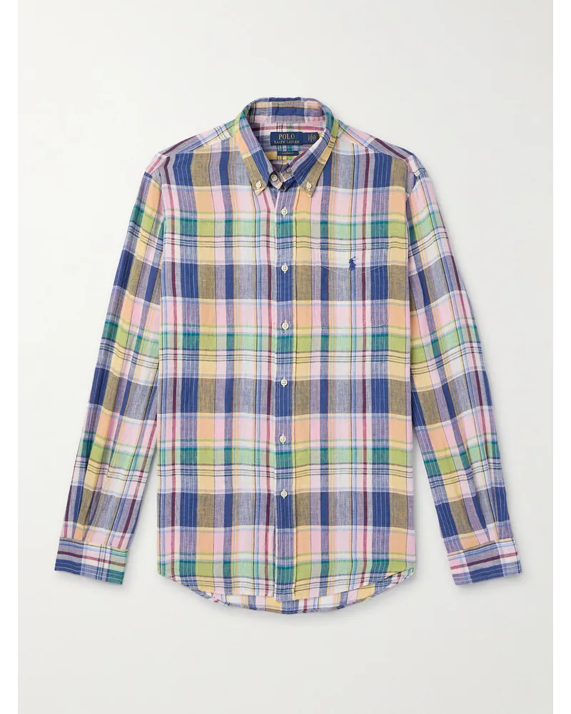 Ralph Lauren Camicia in lino a quadri con collo button-down e logo ricamato Neutri