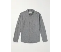 Camicia gessata in misto lino e cotone con collo button-down
