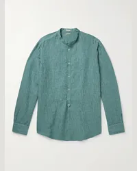 Massimo Alba Camicia in misto lino e cotone con mezzo cannoncino e collo alla coreana Kos Verde