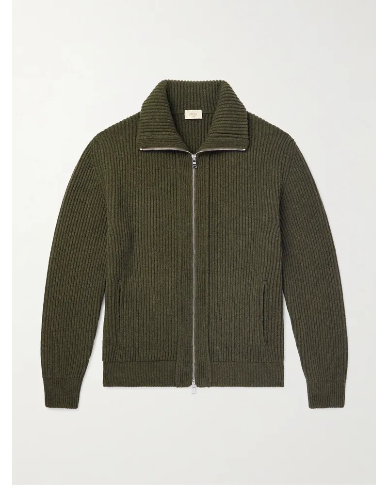 Altea Pullover slim-fit in lana a coste con zip Verde