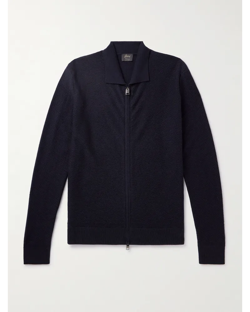 Brioni Pullover in cashmere a coste con zip Blu