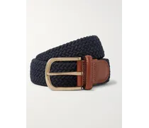 Cintura in cotone stretch intrecciato con finiture in pelle, 3,5 cm