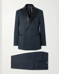 Brunello Cucinelli Smoking doppiopetto slim-fit in twill di misto cotone e seta con finiture in raso di seta Blu