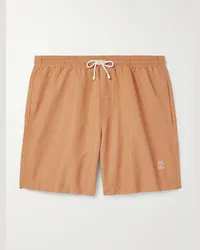 Brunello Cucinelli Shorts da mare medi a gamba dritta con logo ricamato Marrone