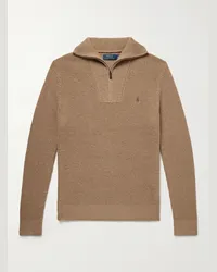 Ralph Lauren Pullover in misto lana e cotone con logo ricamato e mezza zip Marrone