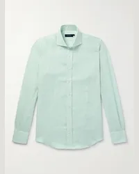 Thom Sweeney Camicia in lino a righe con collo alla francese Verde