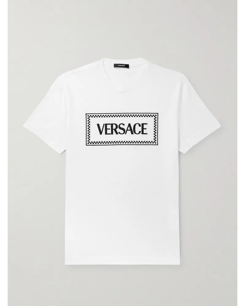 Versace T-shirt in jersey di cotone con logo ricamato Bianco