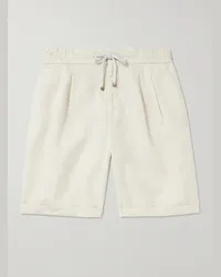 Brunello Cucinelli Shorts a gamba larga in misto lino e cotone con pinces e coulisse Neutri