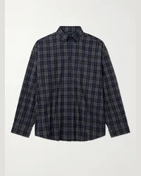 Balenciaga Camicia oversize in flanella di cotone a quadri con collo button-down e logo Blu