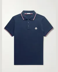 Moncler Polo in cotone piqué con righe e logo applicato Blu