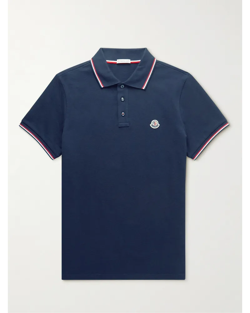 Moncler Polo in cotone piqué con righe e logo applicato Blu