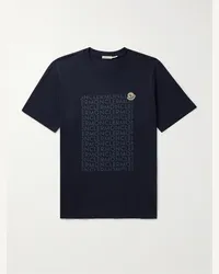 Moncler T-shirt in jersey di cotone con stampa e logo applicato Blu