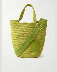 Loewe Paula’s Ibiza Tote bag mini in rafia con finiture in pelle e logo impresso Verde