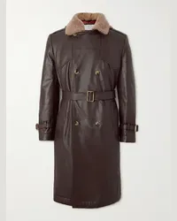 Brunello Cucinelli Trench doppiopetto in pelle con finiture in shearling Marrone