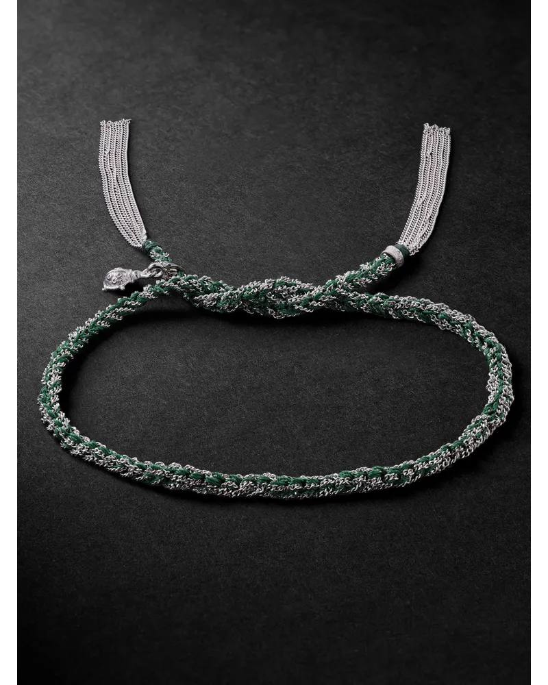 Carolina Bucci Bracciale in oro bianco e seta Fortune Lucky Verde