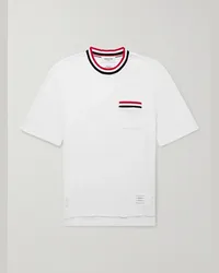 Thom Browne T-shirt in cotone pointelle con righe e logo applicato Bianco