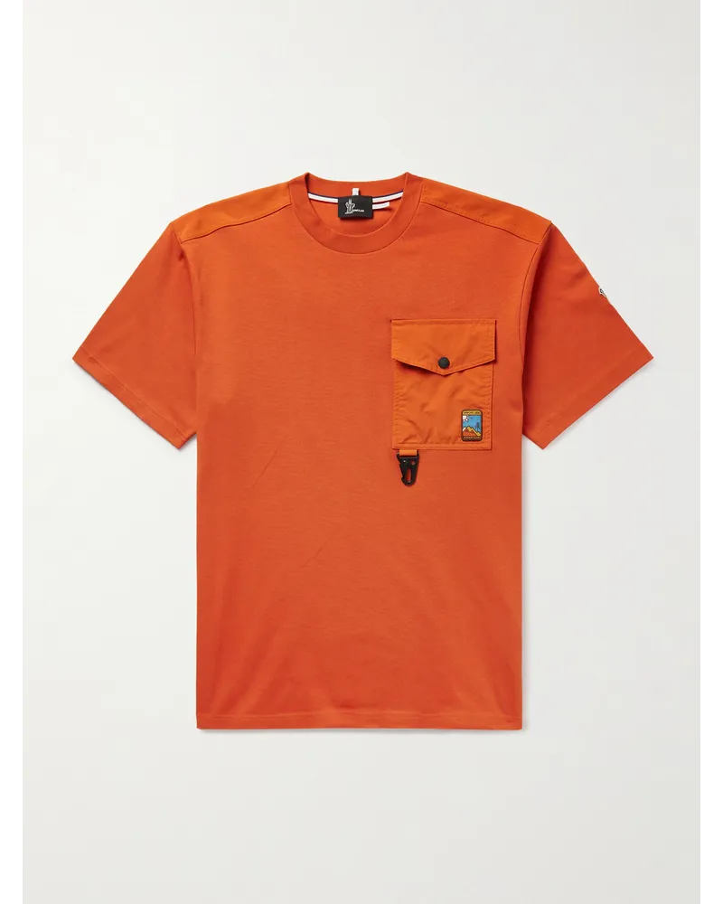 Moncler T-shirt in jersey di cotone pettinato con finiture in shell e logo applicato Arancione
