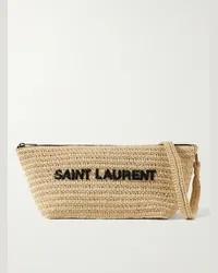 Saint Laurent Logo-Embroidered Raffia Messenger Bag Neutri