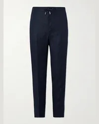 MR P. Pantaloni a gamba dritta slim-fit in twill di lino con coulisse James Blu