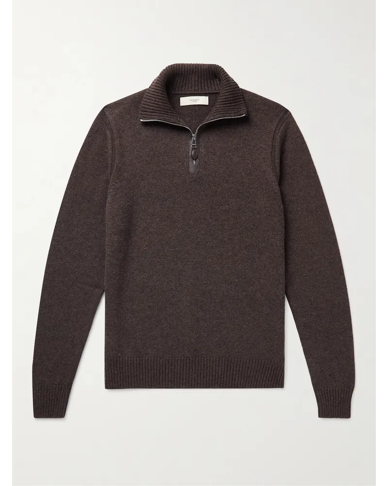 PURDEY Pullover in cashmere con finiture in pelle e mezza zip Marrone