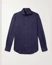 Thom Sweeney Camicia in chambray di lino con collo alla francese Blu