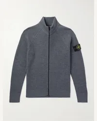 Stone Island Pullover in lana a coste con logo applicato e zip Grigio