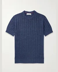 Brunello Cucinelli T-shirt in misto lino e cotone con bordo a contrasto Blu