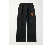 Balenciaga Pantaloni sportivi a gamba larga in jersey di cotone effetto invecchiato con logo applicato Nero