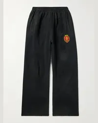 Balenciaga Pantaloni sportivi a gamba larga in jersey di cotone effetto invecchiato con logo applicato Nero