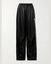 Balenciaga Pantaloni sportivi a gamba larga in pelle con logo ricamato Nero