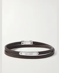 Saint Laurent Bracciale in pelle e metallo argentato Cassandre Marrone