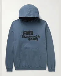 Balenciaga Felpa con cappuccio oversize in cotone effetto invecchiato con logo stampato Blu