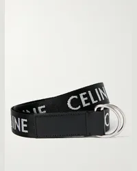 Celine Cintura in tela con logo jacquard e finiture in pelle, 3 cm Nero