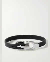 Ferragamo Bracciale in pelle e metallo argentato con logo Nero