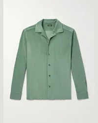 Ermenegildo Zegna Camicia in spugna di misto cotone e seta con colletto aperto Verde